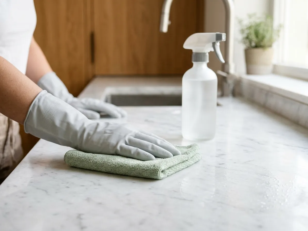 Mani con guanti che puliscono un piano di lavoro in marmo
