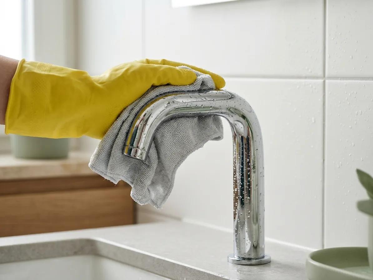 Mano con guanto che lucida un rubinetto del bagno