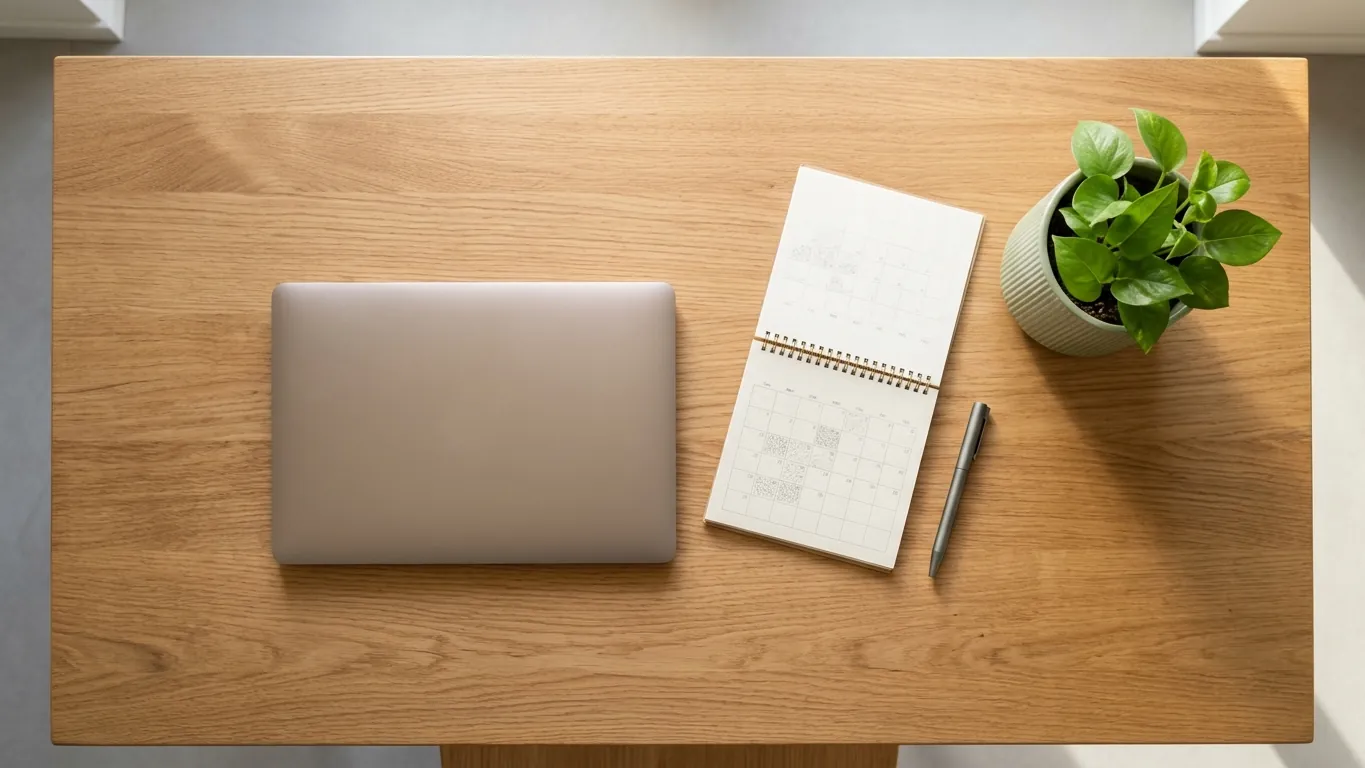 Scrivania ordinata con computer chiuso, calendario e pianta