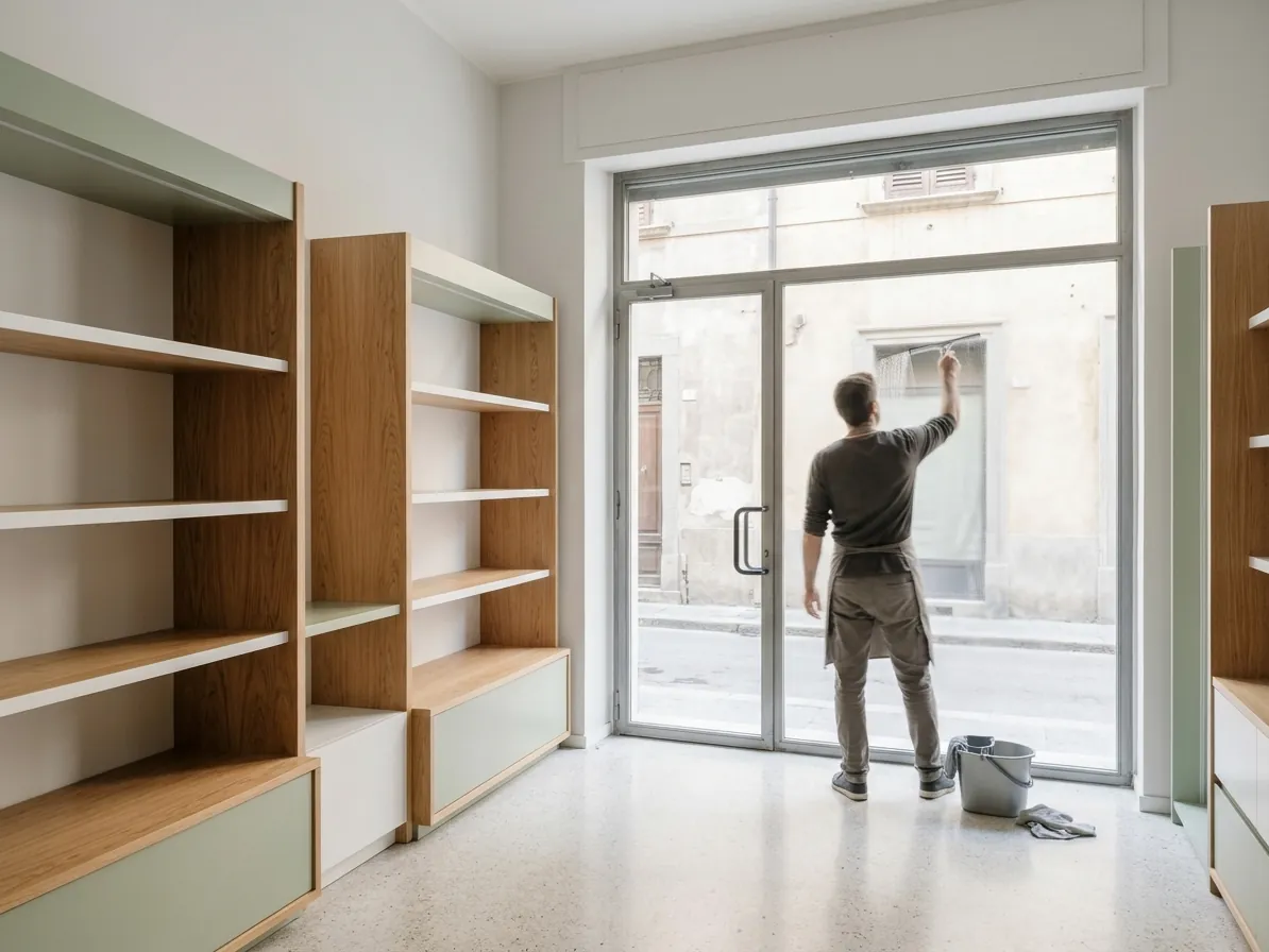 Persona di spalle che pulisce la vetrina di un negozio